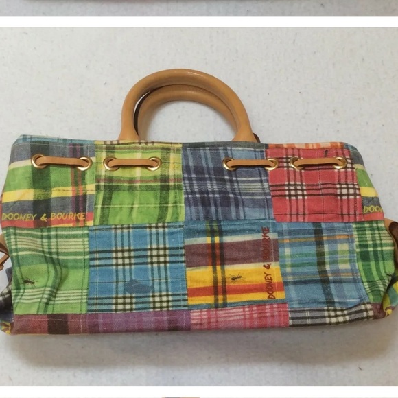 RARE Dooney & Bourke Leather Tassel Canvas Patchwork Plaid Tote Handbag w-Ants - Picture 2 of 3